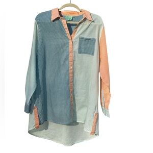 True Destinations Striped Blue & Orange Swim Coverup- Cotton- Button down- Beach